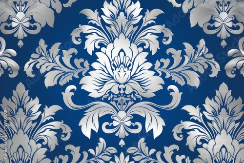 Royal blue and silver damask designs dominate this wallpaper, radiating nobility and grandeur for luxurious spaces.