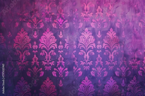 This image features a purple and white damask design over a painted canvas texture, perfect for bold interiors.