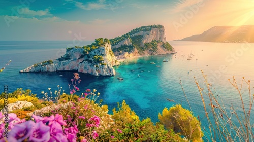 This is a photo of a rocky cove with pink flowers in the foreground and bright blue water with a small island in the background.