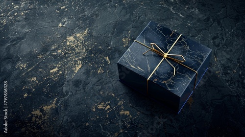 A navy blue gift box with a shiny gold bow on a black surface
