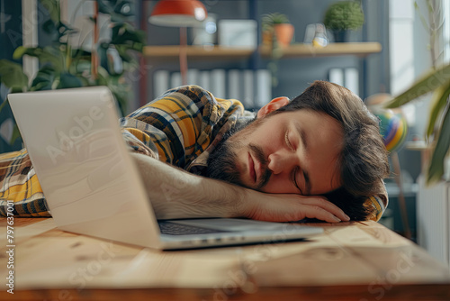 Bored tired office worker falling asleep on laptop, person tired after long working hours, exhausted because of increased workload. Concept of overwork, stress, boredom, no motivation, lack of sleep 