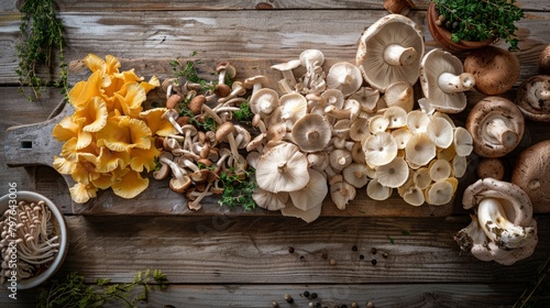 Various oyster mushrooms arranged on a rustic wooden table under natural light