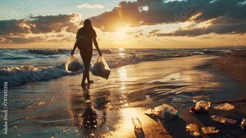 A woman walking on the beach at sunset, picking up trash and carrying bags along the shore