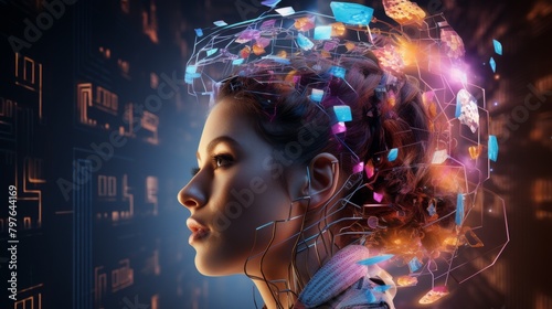 A beautiful woman's face with colorful digital shards coming out of her head.