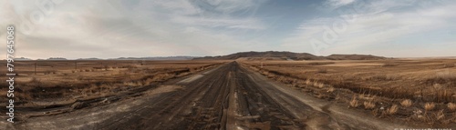 Wideangle shot of an empty road leading to nowhere, the dull browns of the barren landscape conveying a profound sense of forsakenness