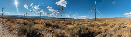 Professional photo emphasizing the grandeur of wind turbines towering over a natural landscape under vivid, clear blue skies