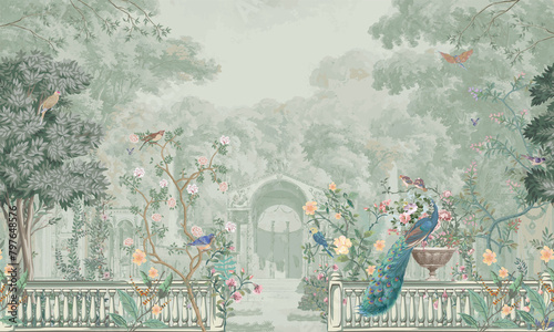 Vintage Roman mural wallpaper with garden, forest, peacock, bird, flower vase, botanical plant landscape illustration