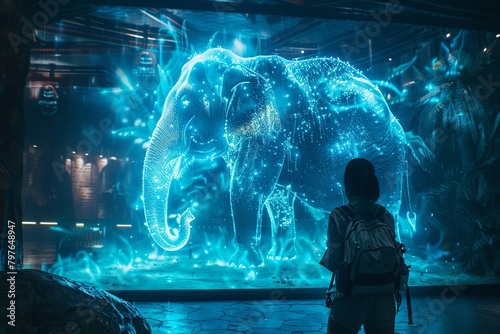 In front of an onlooker, a massive elephant figure made of glowing particles creates a futuristic and fantastical luminous display, captivating with its radiant, ethereal presence.