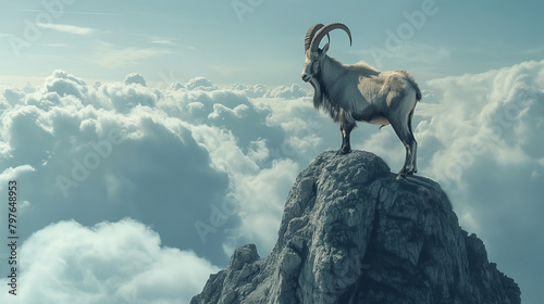 A mountain goat stands on a rocky peak above the clouds.