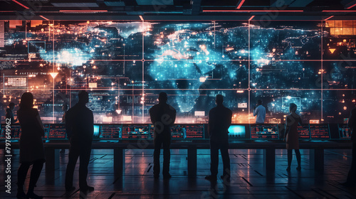 Analyst picture Cyber Security Operations Center with AI-powered screens and maps of global networks ,Protecting digital infrastructure ,technology ,digital