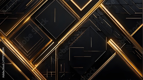 Abstract black geometric shapes, gold highlights, backlit neon, and a minimalist dynamic texture. Background of a graphic resource