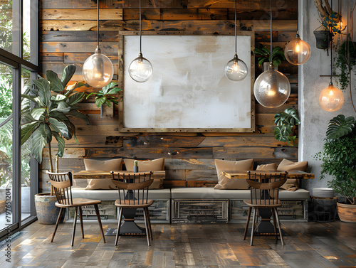 Reclaimed Serenity: White Frame Mockup Elevates Warm Dining Area's Natural Beauty