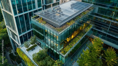 A birds eye view of a modern glass office building with a green roof and sustainable features like solar panels