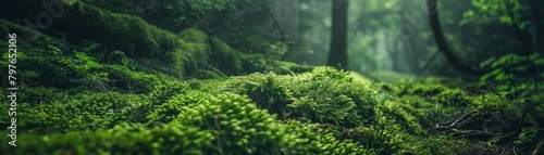 Closeup photo of the lush, deep green undergrowth in a secluded forest, highlighting the mysterious and wild nature of the environment