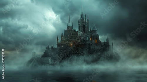 A Halloween castle floats on water, looming against a stormy sky with mist around it