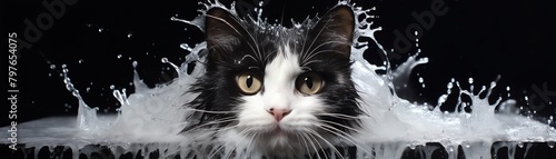 A reluctant cat being bathed, its fur soaked and eyes wide, set against a white background to highlight the humorous and often difficult experience of washing a cat