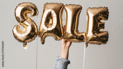 A closeup of a hand holding gold metallic foil balloons shaped into individual letters spelling out the word sale