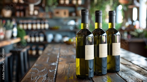 Three wine bottles neatly arranged on a wooden table, showcasing their labels and shapes