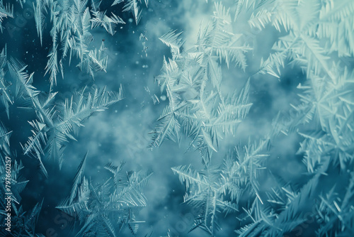 The textured surface of a frost-covered windowpane features intricate frost patterns and icy formations. Frosty window textures offer a chilly and wintery backdrop