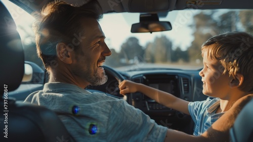 Quality Time Together: Captures the joy and learning moments shared between a father and son during a driving lesson