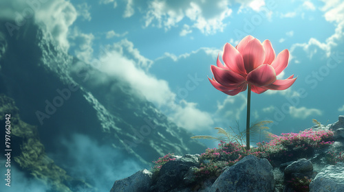 A pink lotus flower is blooming on a rocky cliff. The sky is blue and cloudy and there is mist in the background.