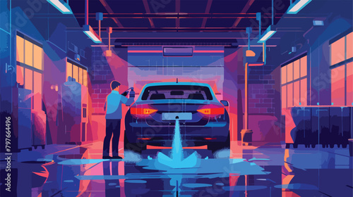 A man washes a car in a self-service car wash. Vector