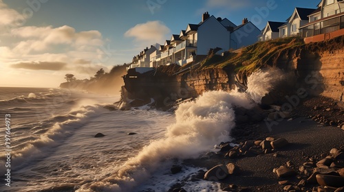Coastal erosion image capturing high tide waves hitting against rapidly eroding cliffs, with houses on the brink of collapse at the edge
