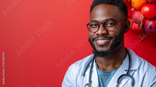 Man With Stethoscope in Front of Red Wall. Generative AI