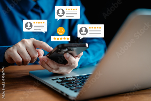 User customer review evaluates satisfaction with a product or service, Customers give a rating to service experience on the online application, Customer review satisfaction feedback survey concept