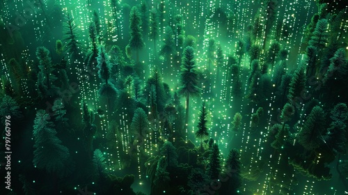 Circuit forest with digital pine trees emerald green light