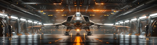 Jet in sci-fi hangar orange guiding lights