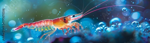 Vibrant freshwater shrimp underwater macro