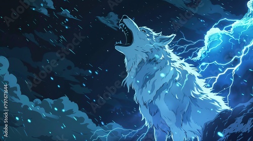A lone wolf howls at the moon during a thunderstorm.
