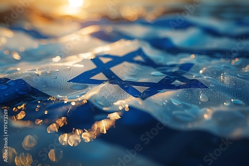Flag of Israel on the background of water drops. The concept of the Jewish holiday of Shabbat.