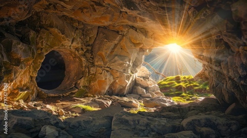 Empty tomb symbolizing Easter resurrection in a religious context.