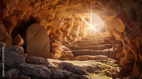 Empty tomb symbolizing the Easter resurrection in a religious context, with stone rocky cave and radiant light rays.