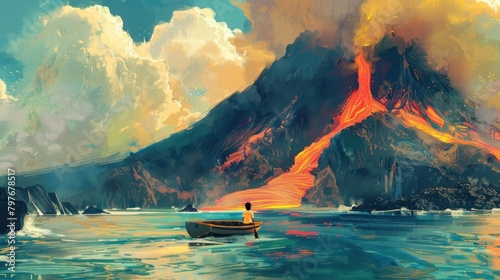 Lone boy rowing through a volcanic landscape in a fantastical world.