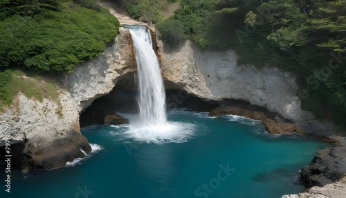A hidden cove with a cascading waterfall meeting t upscaled 3