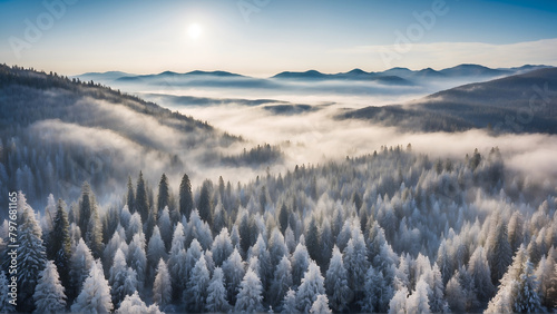 Aerial view of winter fir forest at morning 