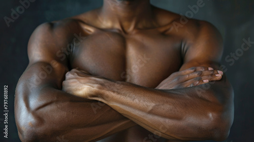 Close-up view of a muscular individual with crossed arms, showcasing defined biceps and chest against a dark background.