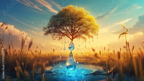 tree in the field fantasy with water drop life symbol earth day ,Generative ai, 