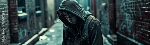 Man in a hooded jacket walking down a narrow alley. Depressed people background 