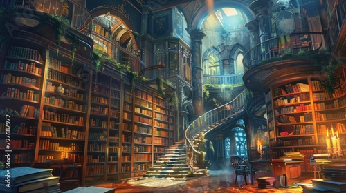 Magical library with towering shelves of ancient books, enchanted artifacts, and spiral staircase.