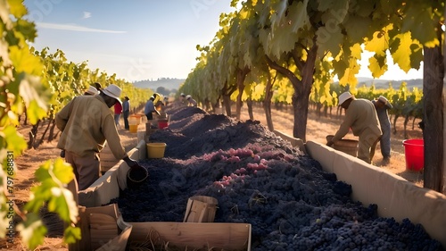 Workers gathering grapes—a bountiful bounty of nature's best—ready to distill the spirit of superb wine.