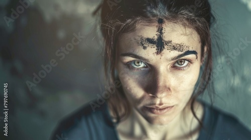 Woman with Ash Cross on Forehead for Ash Wednesday Observance