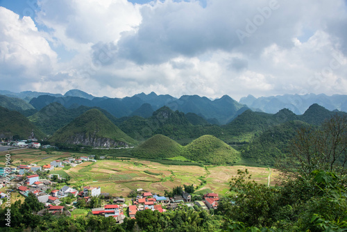 View of the Twin Mountains and limestone karst plateau from Quan Ba Heaven Gate, Tam Son, Ha Giang, Vietnam