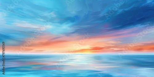 Serene Bliss: A Coastal Panorama of Sunset, Colorful Sky, and Gentle Foam Waves