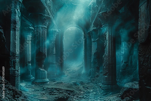 An ancient city buried deep beneath the earth, shrouded in mystery and shadow