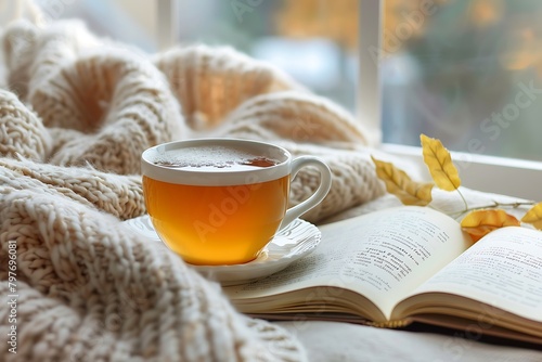 Porcelain cup with hot tea, soft blanket and open book by the window
