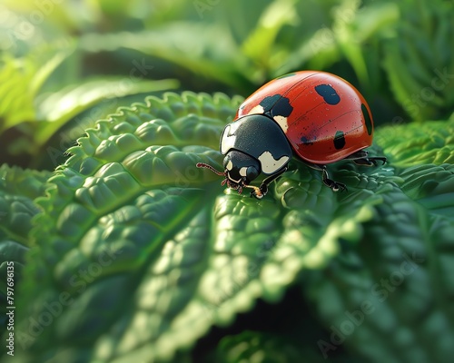 Detailed closeup of a ladybug blending in with a verdant green leaf